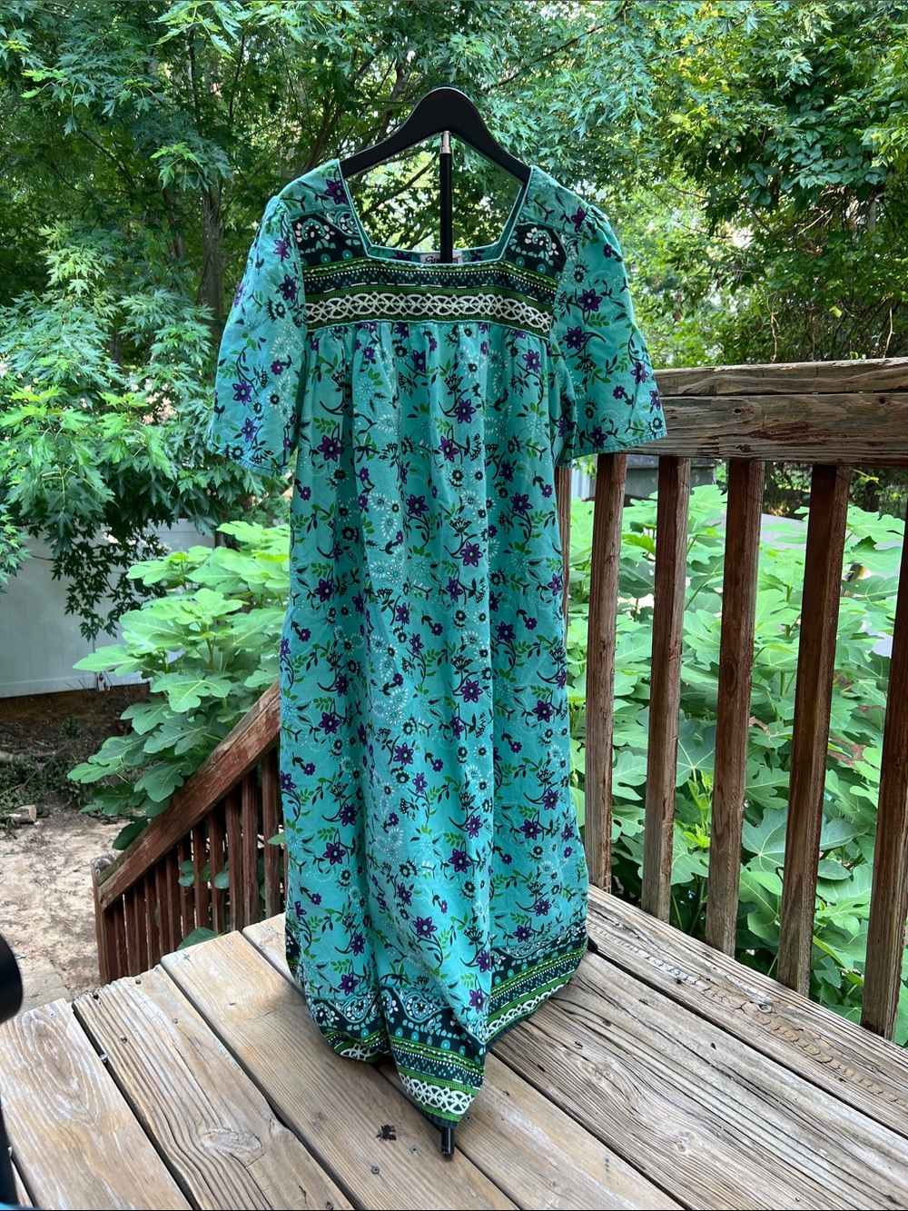 Vintage Turquoise Floral Boho House Dress Midi 100% cotton muumuu caftan